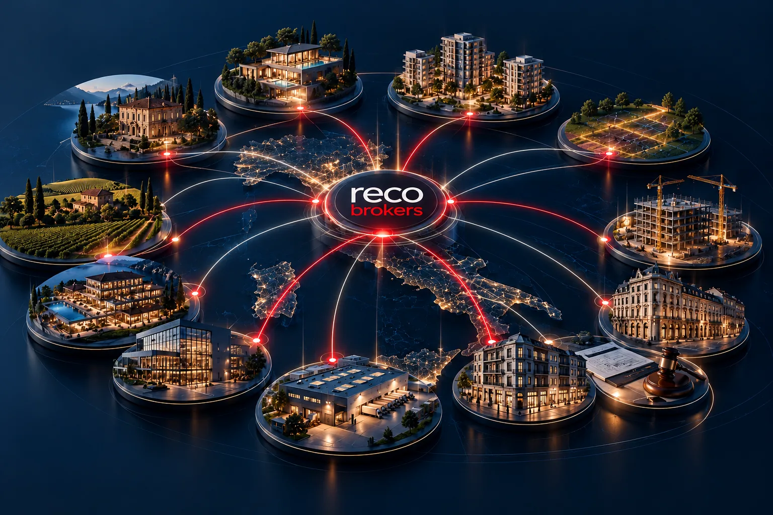 Rete delle competenze Reco: dal marchio centrale, linee rosse collegano le undici tipologie immobiliari seguite dall'agenzia