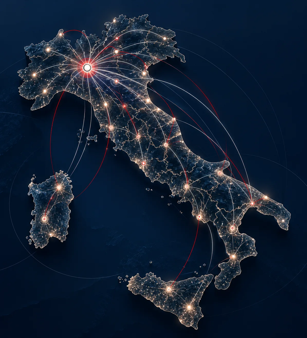 Mappa notturna dell'Italia: da Milano la rete Reco raggiunge le principali città italiane