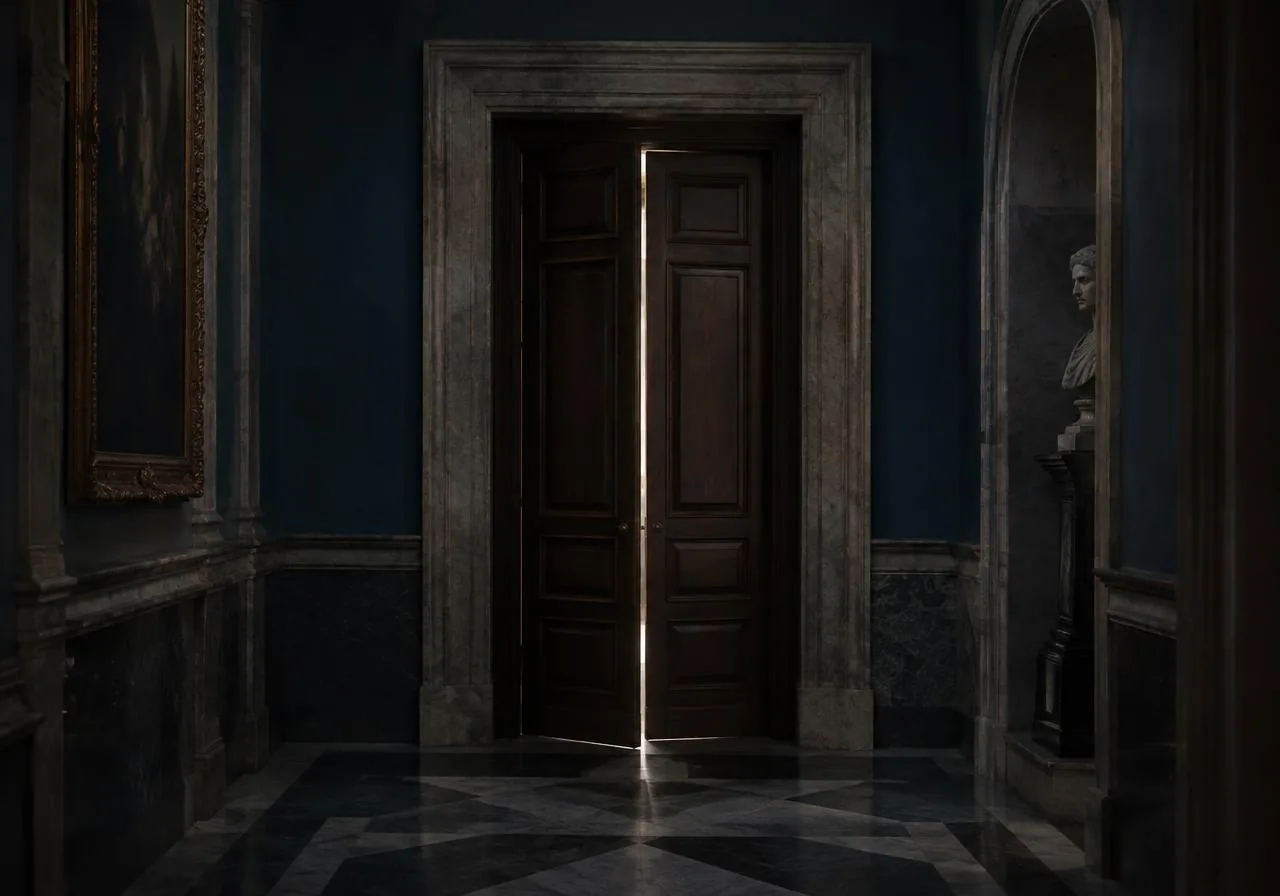 Porta in legno socchiusa in un corridoio storico in marmo